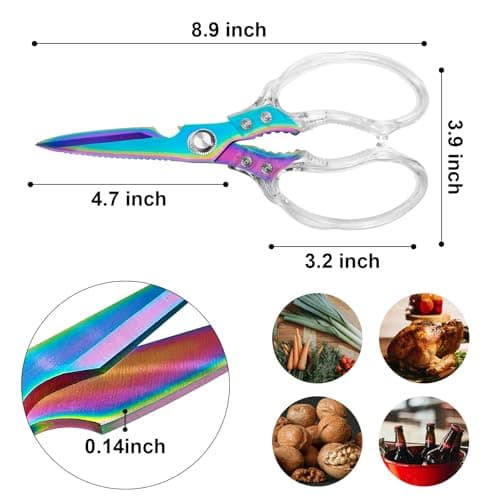 CGBE Kitchen Scissors, Multi-Purpose Kitchen Shears, Heavy Duty Food Scissors for Chicken, Poultry, Fish, Meat & Herbs with Non-Slip Grips (Transparent Colorful) - Thumbnail 3