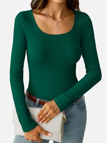 GKBK Scoop Neck Long Sleeve Tops for Women Ribbed Knit Slim Fitted Tight Basic T-Shirts Cute Layering Lightweight Fall Sweaters 2025 Fashion Outfits Dark Green - Thumbnail 3