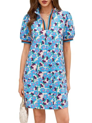Wenrine Womens Summer Mini Dress Casual Puff Sleeve Floral V Neck Loose Boho Beach A Line Dresses with Pockets Blue - Image 1