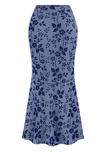 BTFBM Womens Floral Mesh Maxi Skirt 2026 Spring Summer Elastic High Waisted Boho Elegant Mermaid Long Skirts for Women(Dusty Blue, Medium) - Image 1