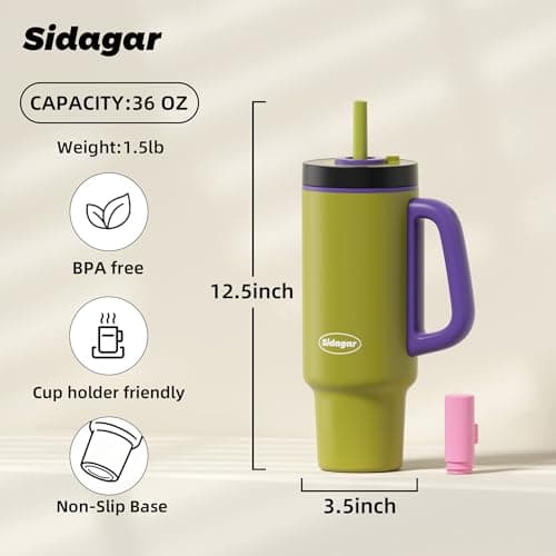 Sidagar Tumbler with Handle,36 oz Ceramic Lined Travel Mug Water Bottle with Straw,Vacuum Insulated Stainless Steel Cup with Lid,Fits Cup Holder, Leak Resistant Press-in Lid,Green - Thumbnail 6
