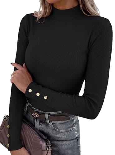PRETTYGARDEN Women's Ribbed Mock Neck Long Sleeve Tops (Black,XS) - Image 1