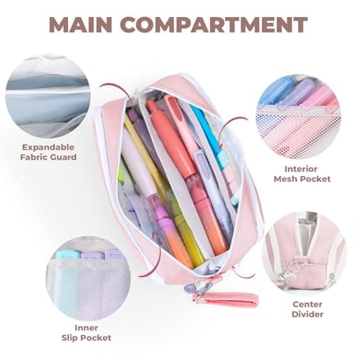 Four Candies Pink Pencil Case 3 Compartment, Large Pencil Pouch with Removable Handle & Zipper, Cute Stationery Organizer Big Pencil Case for Markers, Pencil Bag for Office College, Pink - Thumbnail 5