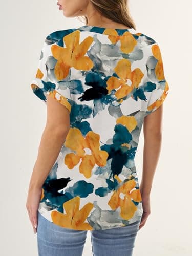 GKBK Womens Short Sleeve Henley Tops V Neck Dressy Casual Blouses Summer Trendy Tee Shirts 2026 Vacation Going Out Resort Wear Fashion Clothes Print Flower L - Thumbnail 3