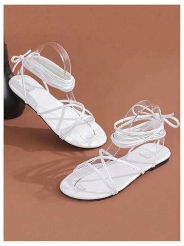 GORGLITTER Women's Lace Up Strappy Flat Sandals Wrap Tie Up Summer Gladiator Slides Shoes White 7.5 - Thumbnail 6