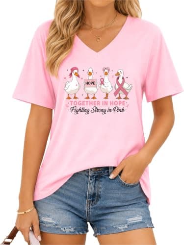 QIXYN Breast Cancer Awareness Shirts for Women Pink Ribbon Graphic Tee Breast Cancer Survivor V Neck Casual Tops - Image 1