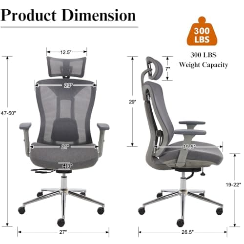 LuxErgo Ergonomic Office Chair, High Back Mesh Desk Chair with Adjustable Headrest Lumbar Support Seat Depth, 300 Lbs Big and Tall, 90-110° Tilt Lock Swivel Rolling Task Chair,Grey - Thumbnail 2