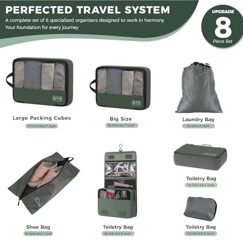 8-Piece Compression Packing Cubes for Travel, Trendy Luggage Organizer Set for Young Travelers, Space Saving for Carry-On, Suitcase, Vacation & Weekend Trips - Avocado Green - Thumbnail 3
