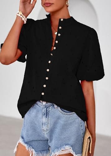 Lazysmile Summer Boho Tops for Women Short Sleeve V Neck Button Down Hollow Out Lace Embroidered Blouses Shirts Black - Thumbnail 5