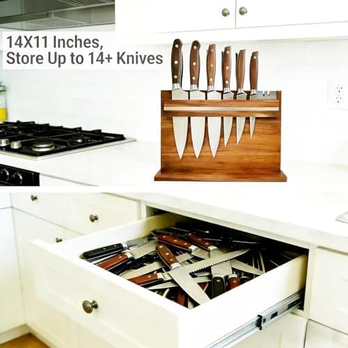Large Magnetic Knife Holder - 14.5 x 11" Double-Sided Acacia Wood Block with Built-in Sharpener, Holds 14+ Knives, Premium Kitchen Counter Organizer for Professional Chefs - Thumbnail 3