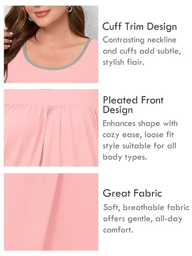 AusLook Plus Size Women's Nightgown 2X Pink Short Sleeve Sleep Dress Sleepwear Soft Sleepshirts Pleated Scoopneck Nightshirt Sleep shirts with Pockets - Thumbnail 4