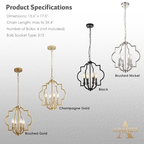 ACANER 4-Light Brushed Nickel Chandelier, Modern Dining Room Light Fixtures Over Table, Geometric Hanging Pendant Light for Bathroom, Foyer, Hallway, Kitchen, Entryway - Thumbnail 3
