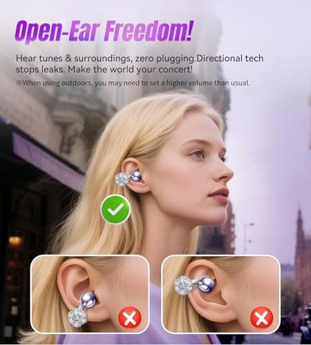 King Lucky i21 Open Ear Clip On Earbuds Wireless Bluetooth Ear Clip Headphones with Mic,Noise Cancelling, Waterproof IPX4,for Small Ears,Perfect for Running,Sports,and Glasses Wearers (07-Violet) - Thumbnail 5