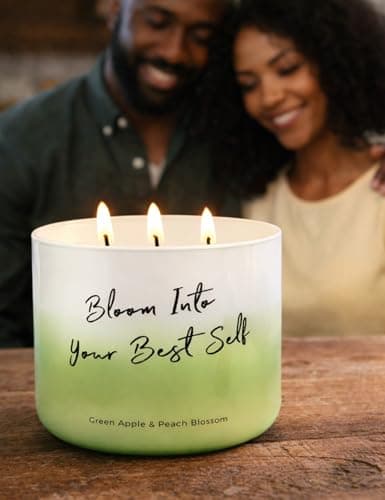 Green Apple Peach Blossom Scented Soy Candle - Large 3-Wick Aromatherapy Candle for Home, 15.8oz - Fresh Fruity Scent - “Bloom Into Your Best Self” Quote - Inspirational Home Decor Gift - Thumbnail 3