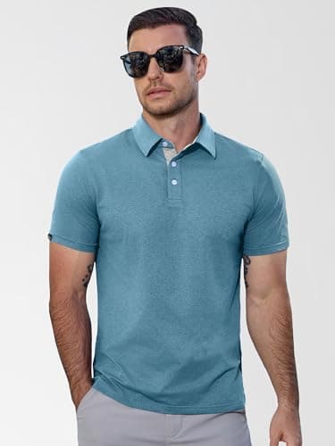 JEMLDL Golf Polo Shirts for Men Dry Fit Summer Short Sleeve Slim Fit Performance Moisture Wicking Dress Solid Collared Polo Shirt Gray Blue XXL - Thumbnail 2