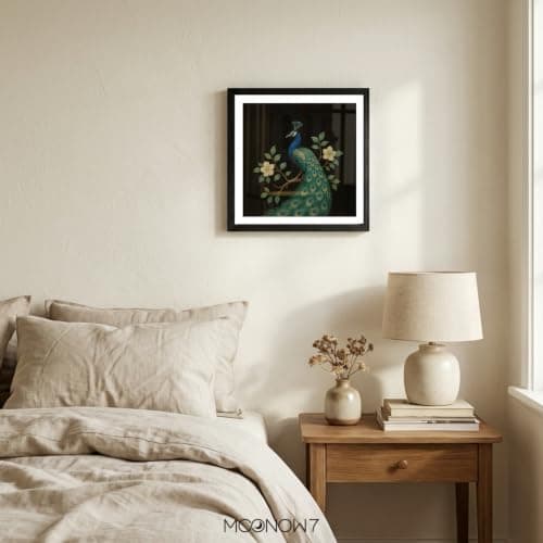 Peacock Wall Art, Botanical Bird Art Print, Dark Decor, 12x12in (30x30cm) - Thumbnail 4