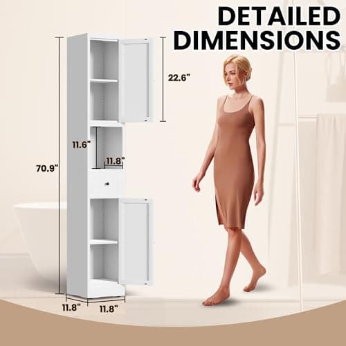 BIZOEIRON 71 Inch Tall Narrow Bathroom Storage Cabinet, Slim Metal Freestanding Floor Cabinet with Doors, Adjustable Shelves, Drawer & Open Shelf, Bathroom Organizer for Small Spaces, White - Thumbnail 3