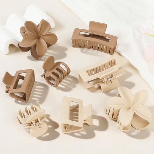 8 Pcs Matte Hair Clips for Women, Strong Hold Non-Slip Claw Clips for Girls, Flower Hair Clips for Thin Hair, Rectangle Claw Clips for Thick Hair, Neutral Colors Hair Accessories（Cream & Beige ） - Image 1