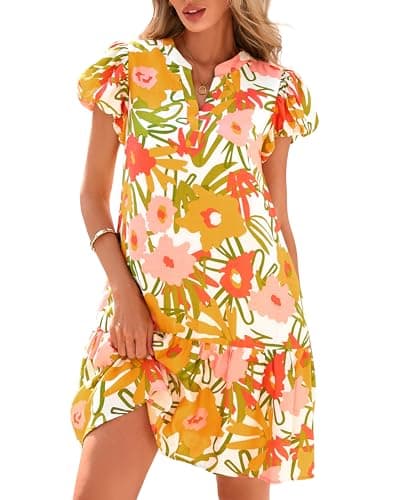 dowerme Womens Summer Dresses 2026 Puffy Sleeve V Neck Loose Floral Print A Line Boho Mini Babydoll Dress with Pockets(White Yellow Flower,Small) - Image 1