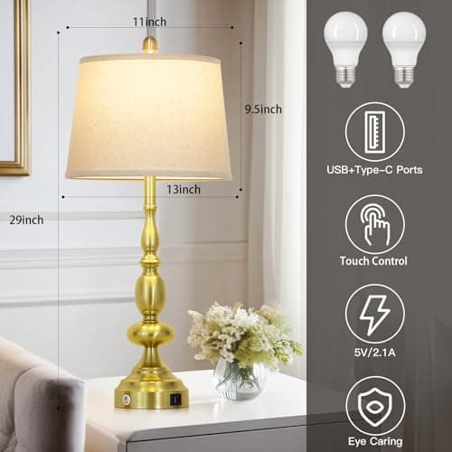 29" Tall Table Lamps for Living Room Set of 2 with USB C+A Charging Ports, Gold Farmhouse 3-Way Dimmable Bedside Lamps, Modern Industrial Nightstand Lamps for Bedroom End Table(2 LED Bulbs Included) - Thumbnail 3