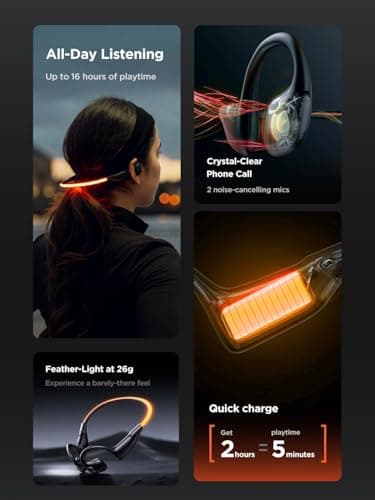 HAKII Light 2 Open Ear Headphones, IPX5 Running Headphone with 180° Ultra-Bright Beacon String, BT 6.0, 16H Playtime, Air Conduction Headphones Open Ear Earbuds for Fitness, Cycling, Outdoor - Orange - Thumbnail 5