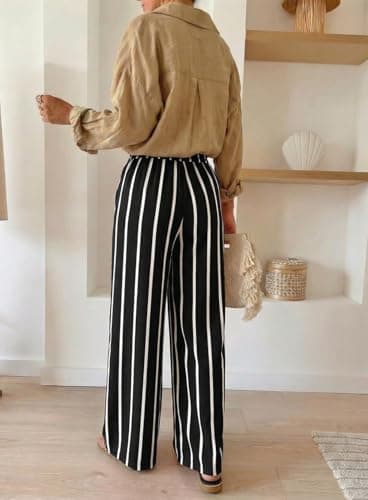Acelitt Women Casual Striped Loose Wide Leg Pants Drawstring Elastic High Waisted 2026 Fall Fashion Relaxed Fit Beach Pants Trousers Black2 Large - Thumbnail 6