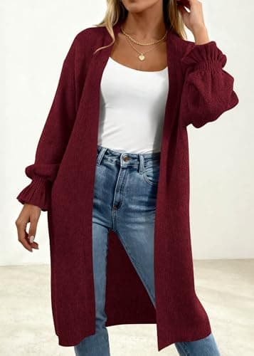 KIRUNDO Long Cardigan Sweaters for Women 2026 Spring Casual Oversized Ruffle Long Sleeve Open Front Chunky Knit Sweater Coats(Burgundy, X-Large) - Thumbnail 3