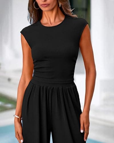 PRETTYGARDEN Women's Summer Two Piece Outfits Cap Sleeve Ruched Slim T Shirt Ribbed Knit Loose Fit Wide Leg Pant Sets(Black,Small) - Thumbnail 4
