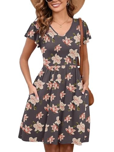 Heymoments Women Summer Dress Ruffle Sleeve Rosybrown Hibiscus XX-Large V Neck Casual Cute Loose Sundress Comfy Swing Midi Work Flowy Tunic Ladies Beach Vacation Teacher Dresses with Pockets - Image 1