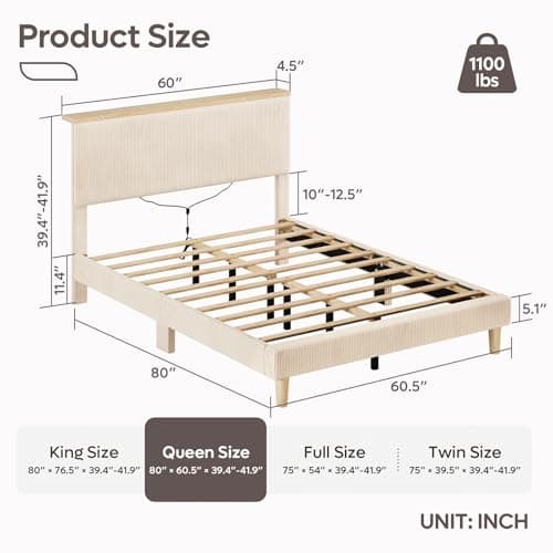 Bestier Queen Bed Frame with Adjustable Headboard & LED Lighting, Corduroy Upholstered Platform Bed Frame with Storage Shelf, Solid Wood Slats, No Box Spring Needed, Never Squeak, Easy Assembly, Beige - Thumbnail 2