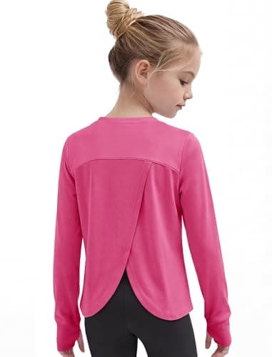 Gogokids Girls Long Sleeve Athletic Shirt, Breathable Cotton Activewear Top with Stretch, Split Back & Thumbholes, Rose, 160, 13-14 Years - Image 1
