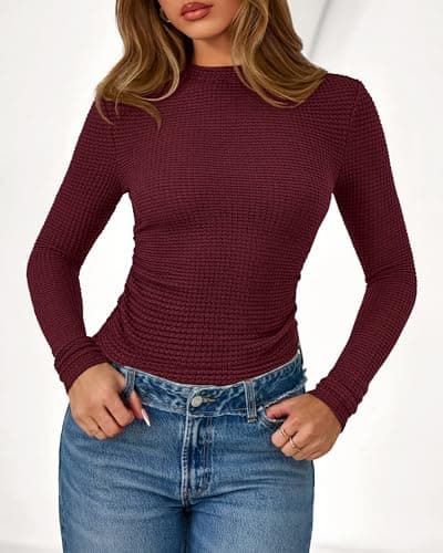 PRETTYGARDEN Womens Tops 2026 Spring Long Sleeve Fitted T Shirts Waffle Ruched Crop Shirt Basic Knit Workout Y2k Clothes(Dark Wine Red,X-Small) - Thumbnail 6