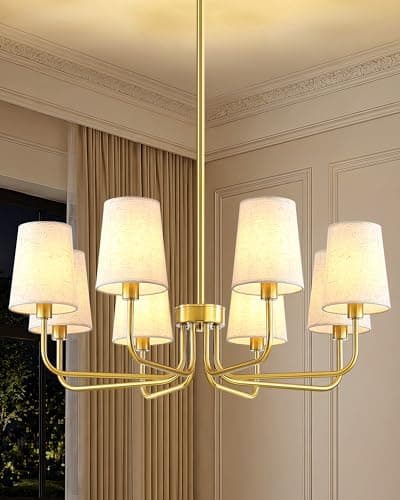 Yunnix 8-Light Gold Chandelier with White Linen Shades, No Assembly Required Modern Dining Room Light Fixture, UL Certified 30" Farmhouse Chandelier for Kitchen Island, Foyer, Living RoomModern - Image 1