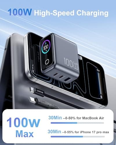 100W USB C Charger Block,3-Port PD PPS GaN Compact Foldable Plug,Smart Display Touch Control,Fast Charger with 5ft Cable for MacBook Pro/Air, iPad Pro, iPhone 17/16/15 Series,Pixel 9/8 Series,Laptop - Thumbnail 3