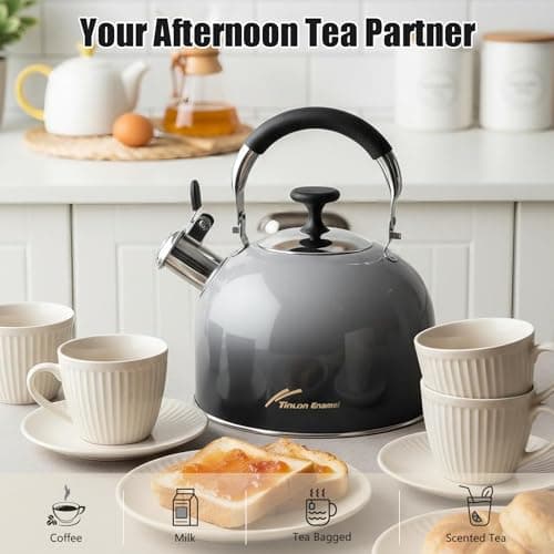 Tinlon Enamel 2.5 Qt Whistling Tea Kettle for Stovetop, Black - Thumbnail 2