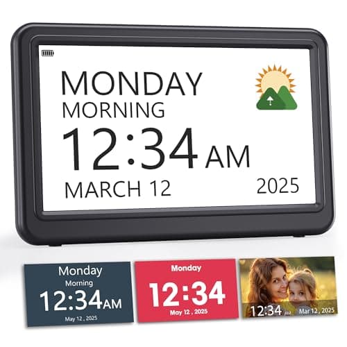 Rechargeable Digital Calendar Alarm Clocks for Senior, 7" Clock with Day and Date for Elderly, 20 Reminders & Alarms, Auto Dimmer/DST, 12 Themes, 18 Ringtones for Dementia Memory Loss, 1024*600 HD - Image 1