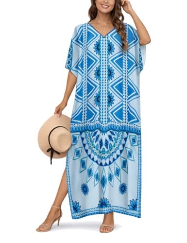 ZIRHYSTA Women Kaftan Beach Cover Up,Plus Size Batwing Short Sleeve V Neck Muumuu Summer Maxi Dress for Pool Resort (Azure Mandala) - Image 1