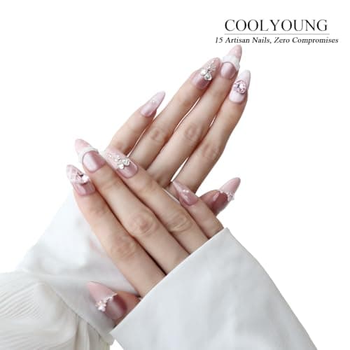 Handmade Nails Medium Pink Almond Press On Nails Press On Women Gifts 3D French Tip Press On Nails Stick On Nails For Women COOLYOUNG 15 PCS, Size S - Thumbnail 3