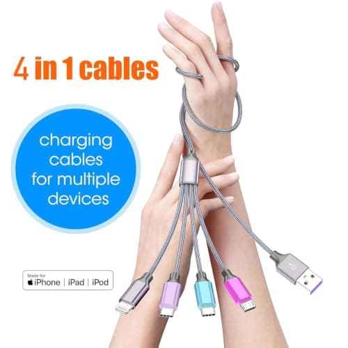 HYXing Multi Charging Cable 4ft 2Pack, 4 in 1 Charging Cable Nylon Braided Lightning iPhone Charger,Universal Charger Phone Cord with Type-C,Micro USB,IP Port for iPhone17-5/Android -Multicolor - Thumbnail 2