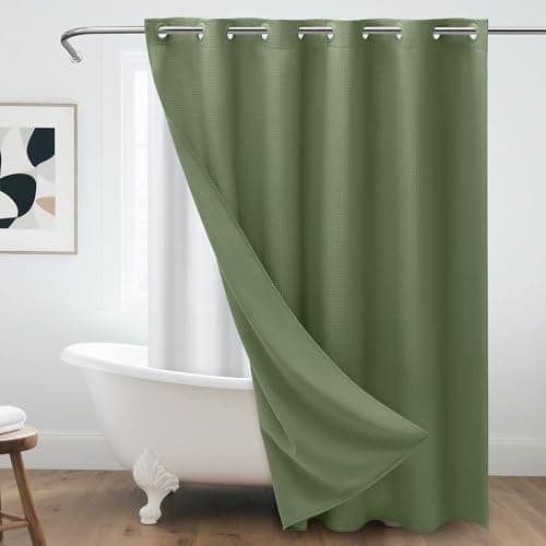 PILOTSHARK No Hook Waffle Weave Shower Curtain with Snap-in Fabric Liner,256GSM Heavy Duty Fabric Shower Curtain Set,Green Waterproof Washable Luxury Shower Curtain for Bathroom Stall (72x75 Inch) - Image 1