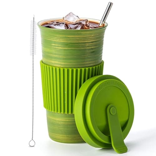 TIANNA VALLEY Ceramic Coffee Mug with Lid & Straw, 15oz Handmade Glazed Travel Mug, Microwave & Dishwasher Safe, Fits Most Car Cup Holders, Giftable Mug for Latte, Iced Coffee & Daily Warm Drinks