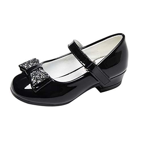 Stelle Girls Mary Jane Dress Shoes Low Heel Glitter Patent Bow Kids Party Wedding Flower Girl School Shoes(Elegant Square Buckle-Black,3 Big Kid) - Image 1