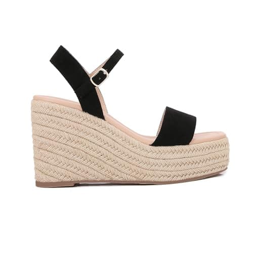 Paiyonan Women's Raffia Strap Espadrille Wedge Sandals - Ankle Buckle Platform Wedges Open Toe Summer Beach Casual Shoes (Black, US Footwear Size System, Adult, Women, Numeric, Medium, 8) - Thumbnail 5