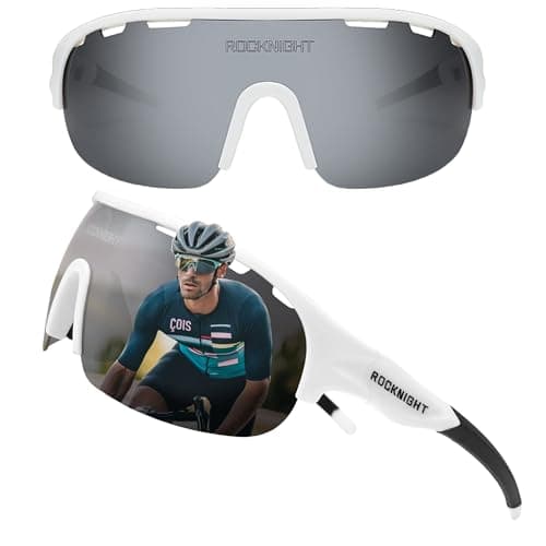 ROCKNIGHT Cycling HD Sunglasses for Men Polarized UV Protection Lightweight Rectangular TR90 White Frame Grey Lens - Image 1