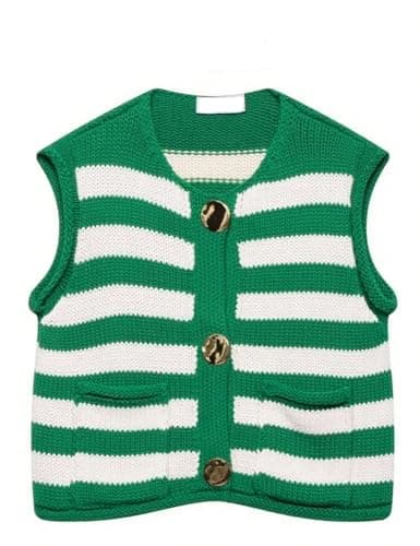 Fmkagva Womens Striped Cropped Sweater Vest Knitted Vests Top Button Down Crew Neck Sleeveless Cardigans with Pockets (US, Alpha, Medium, Regular, Regular, Green) - Image 1