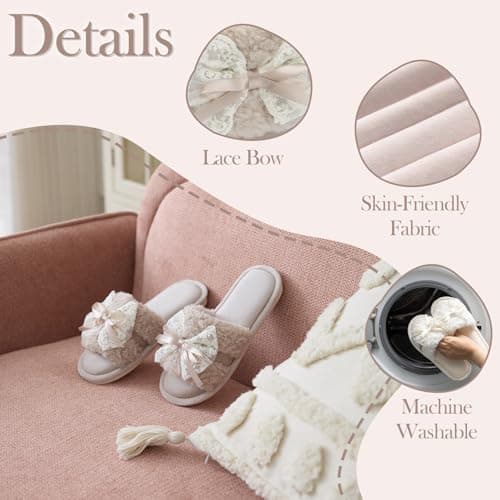 GOEWY Women's Open Toe Memory Foam Slippers - Cute Fuzzy House Shoes with Lace Bow, Soft Plush Slides for Indoor Comfort, Cozy Non-Slip Gift Gifts for Women Mom Ladies - Thumbnail 4