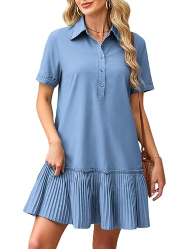 ECOWISH Women Summer Shirt Dress- V Neck Short Sleeve Casual Shift Dresses Button Down Mini Dresses with Pocket Grey Blue L - Image 1