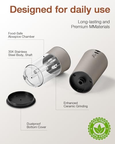 Electric Salt and Pepper Grinder Set, Stainless Steel Automatic Pepper Mill, Rechargeable with USB-C Charging Base, Gravity Activated One-Handed Operation, Dual LED Light, 2 Pack - Thumbnail 6