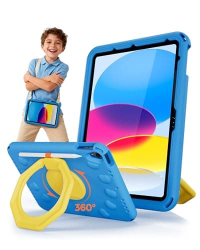 ProCase Kids Case for iPad A16 11th Gen/iPad 10th Gen 10.9 inch/iPad Air 11 inch M4 M3 M2/ Air 5th/ Air 4th, Shockproof Cover with Pencil Holder, Ring Stand Handle, Shoulder Strap -Blue & Yellow - Image 1