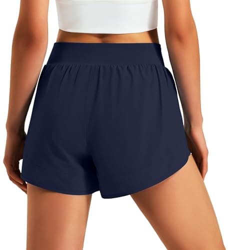 Ksmien Womens 3" Athletic Running Shorts - 2 in 1 Quick Dry Split Workout Gym Shorts with Liner Phone Pockets Navy Blue - Thumbnail 2
